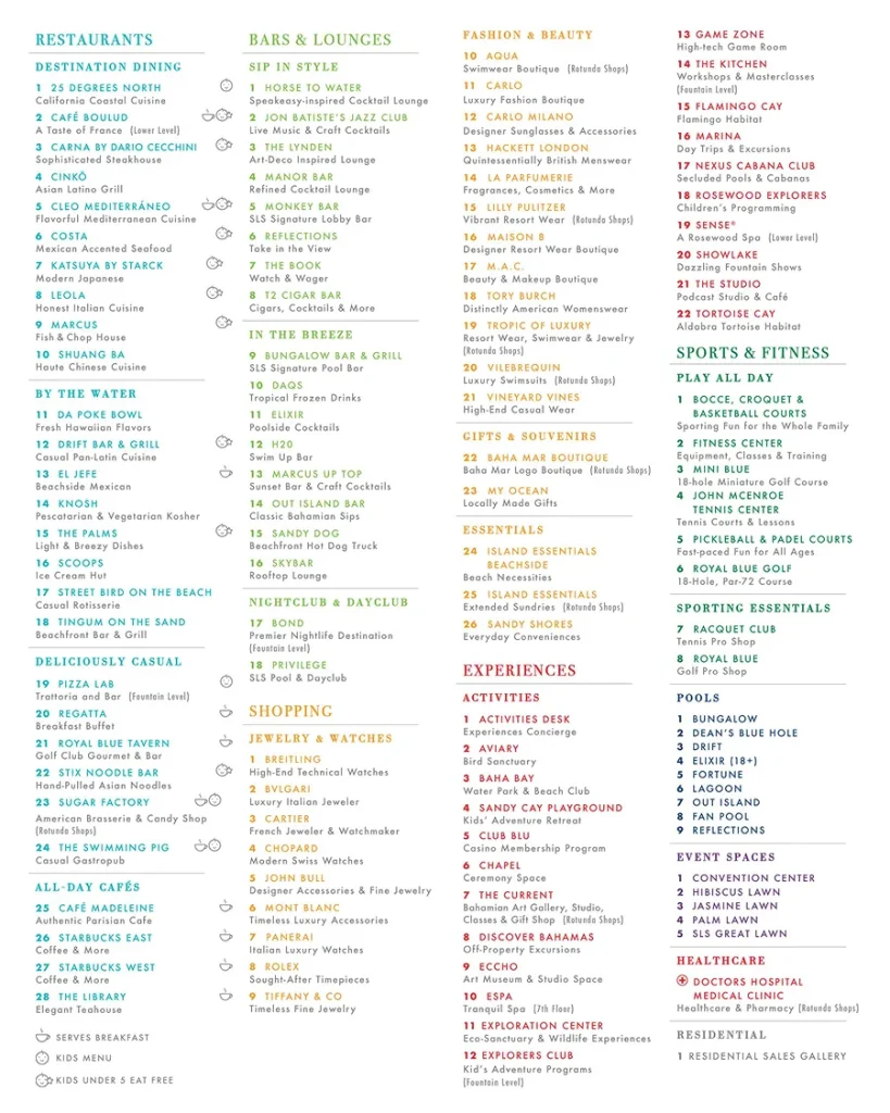 Baha Mar resort map legend listing all restaurants, bars, lounges, shopping, fashion, experiences, sports, pools, event spaces, and healthcare locations with numbered references.