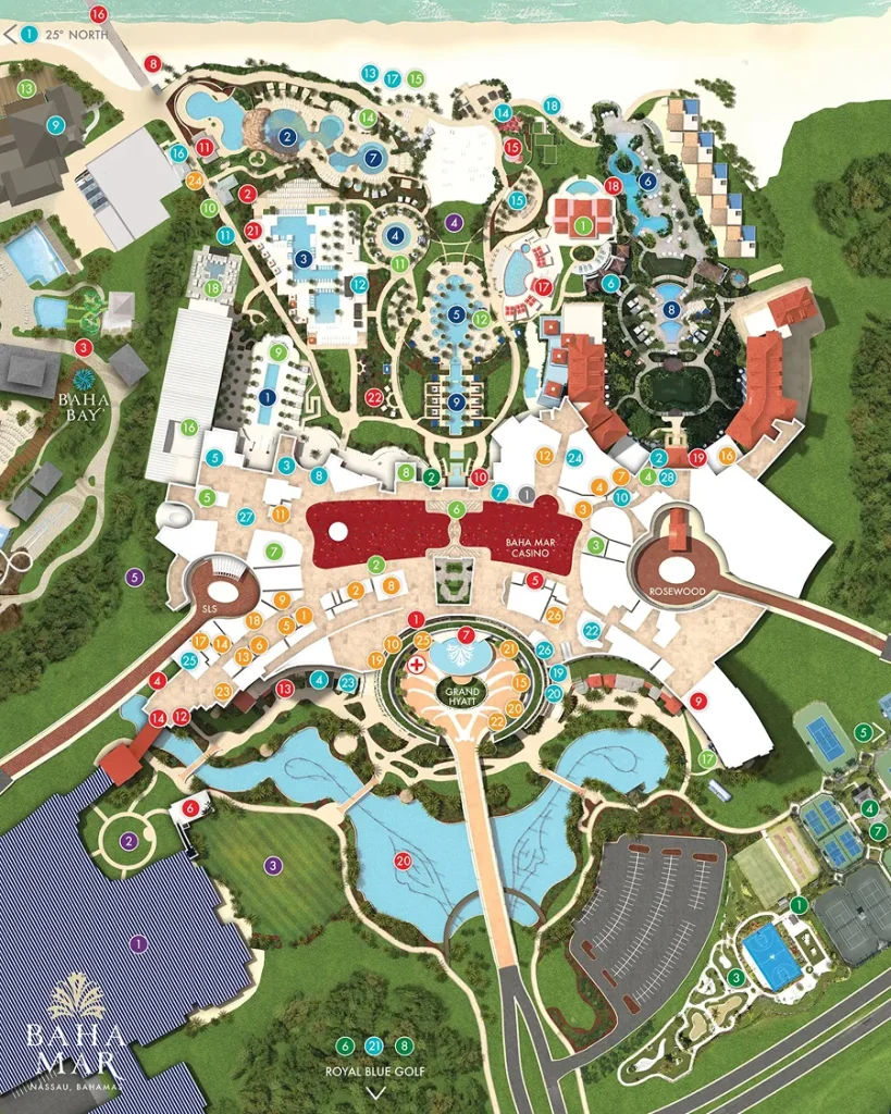 Aerial illustrated map of Baha Mar resort showing Grand Hyatt, SLS, Rosewood, Baha Bay, Casino, pools, Royal Blue Golf, and numbered points of interest across the property.