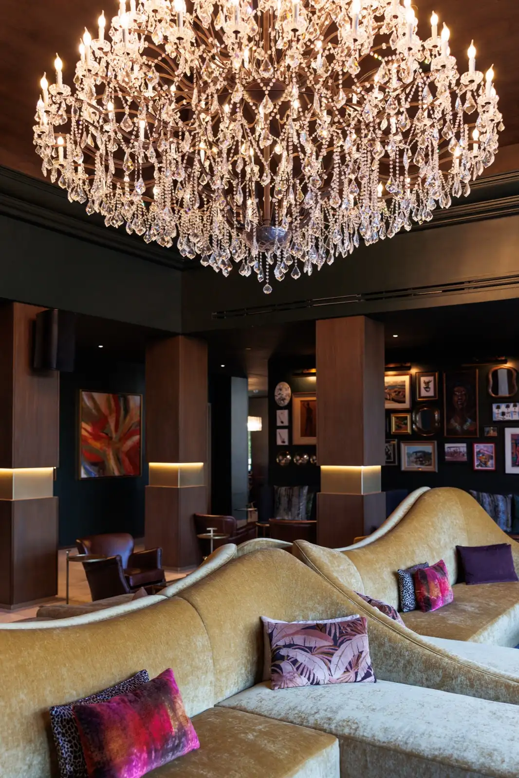 Glass Chandelier and couches Horse To Water Baha Mar Bahamas